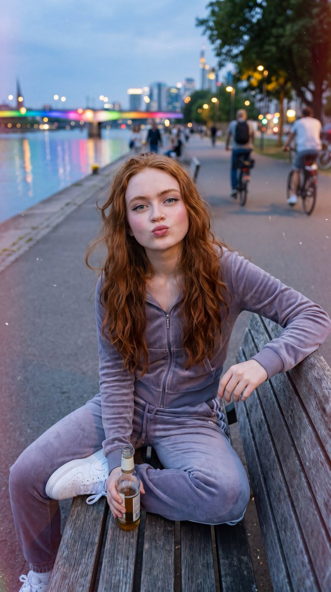 超写实生活方式人像:一位年轻女子留着长长的波浪红发,金色时刻随意地坐在河边的木质长椅上。她身穿柔软的淡紫色天鹅绒运动套装(拉链连帽衫和慢跑裤),脚踩干净的白色运动鞋。她对着镜头温暖地微笑,头轻...