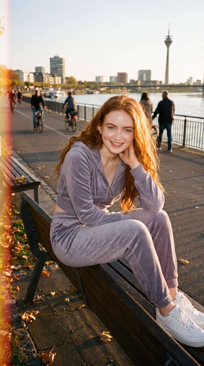 超写实生活方式人像:一位年轻女子留着长长的波浪红发,金色时刻随意地坐在河边的木质长椅上。她身穿柔软的淡紫色天鹅绒运动套装(拉链连帽衫和慢跑裤),脚踩干净的白色运动鞋。她对着镜头温暖地微笑,头轻...