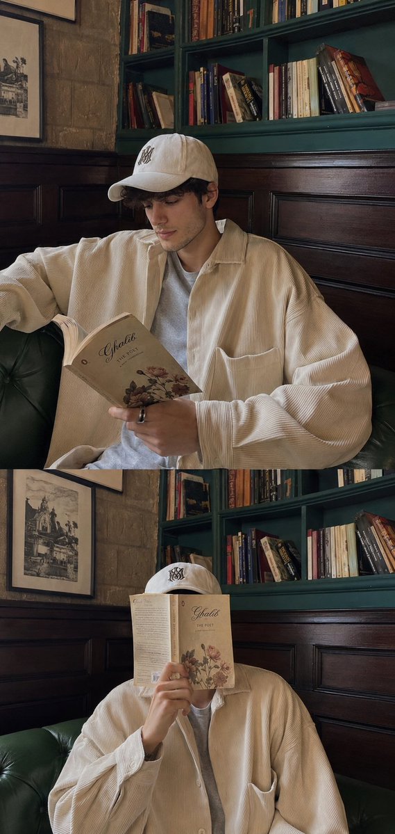 一个年轻男子在装饰风格的咖啡馆/图书馆角落放松的生活拼贴画，室内为青绿色调，搭配复古木质墙板。自然随性的智能手机摄影美学，柔和的日光，逼真的皮肤质感，沉静知性的氛围，以及极简的忧郁色调。 垂直...