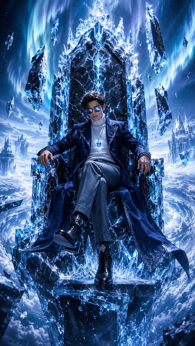 超写实电影级奇幻人像，精确面部参考，IMAX 专业级 + 五级质量，9:16 竖版构图。 戏剧性仰视角度的全身构图。冷静地坐在一尊由冰川水晶和冻...
