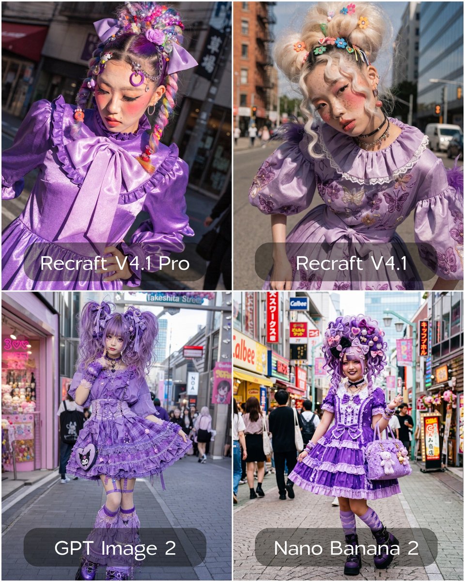 原宿女孩，身穿紫色及同色系连衣裙，发型夸张。