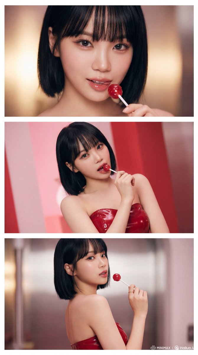 https://t.co/xgSQXGHPZc prompt: 设计一个 3 面板垂直拼贴（9:16 比例），主角为 Le Sserafim 的 Kim Chaewon。她留着有刘海的黑色短发...