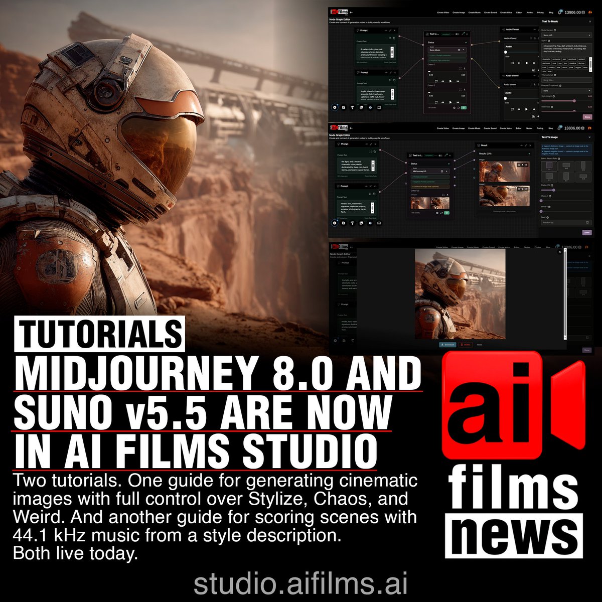 两个新教程，介绍两款你可能早就想使用的工具。 Midjourney 8.0 现已在 AI FILMS Studio 图像工作区上线。每个提示词生成 4 张电影感图像，消耗 100 credit...