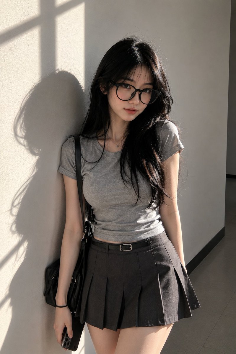 超写实的抓拍肖像：一位年轻东亚女性，在傍晚阳光下背靠一面倒干净的浅灰色教室墙壁站立。保持自然的面部外观——轮廓柔和的鹅蛋脸、柔和的下颌线、逼真的鼻型、均衡的眼距、微妙的不对称、真实的皮肤纹理、...