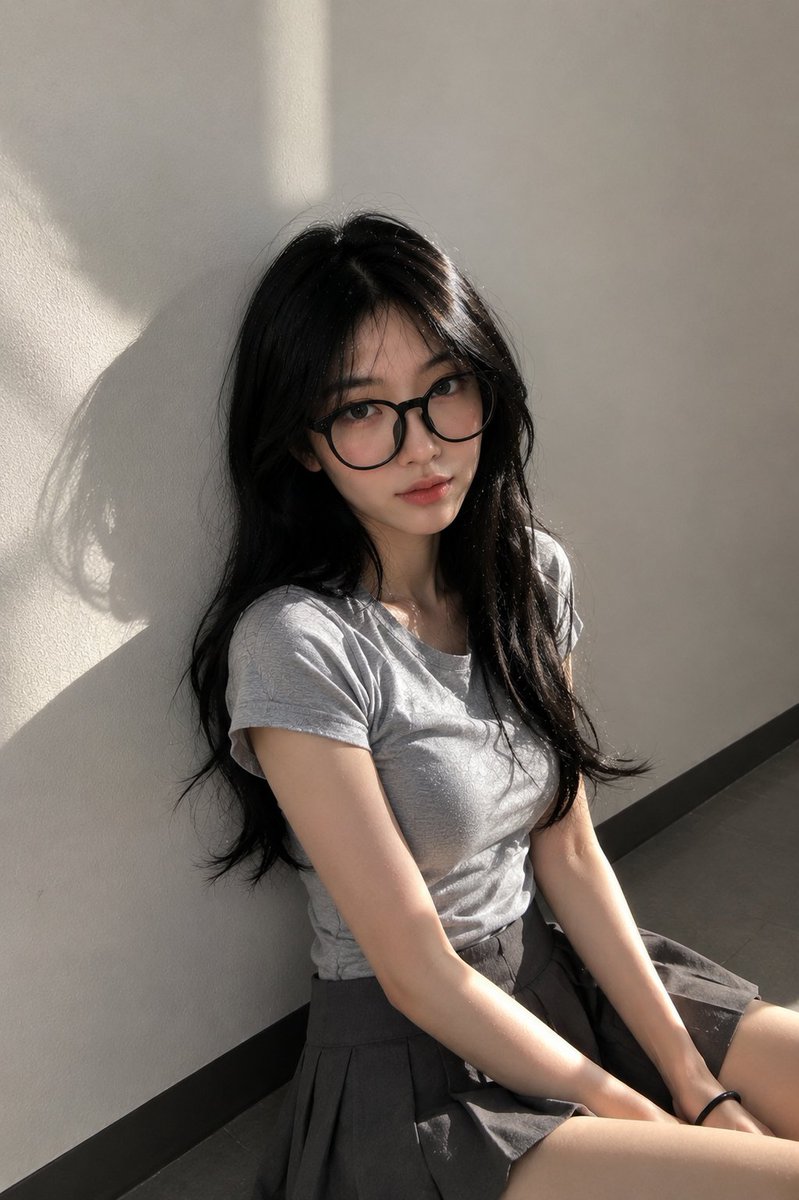超写实的抓拍肖像：一位年轻东亚女性，在傍晚阳光下背靠一面倒干净的浅灰色教室墙壁站立。保持自然的面部外观——轮廓柔和的鹅蛋脸、柔和的下颌线、逼真的鼻型、均衡的眼距、微妙的不对称、真实的皮肤纹理、...