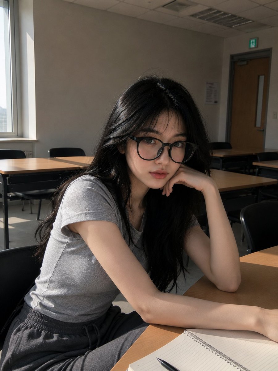 超写实的抓拍肖像：一位年轻东亚女性，在傍晚阳光下背靠一面倒干净的浅灰色教室墙壁站立。保持自然的面部外观——轮廓柔和的鹅蛋脸、柔和的下颌线、逼真的鼻型、均衡的眼距、微妙的不对称、真实的皮肤纹理、...