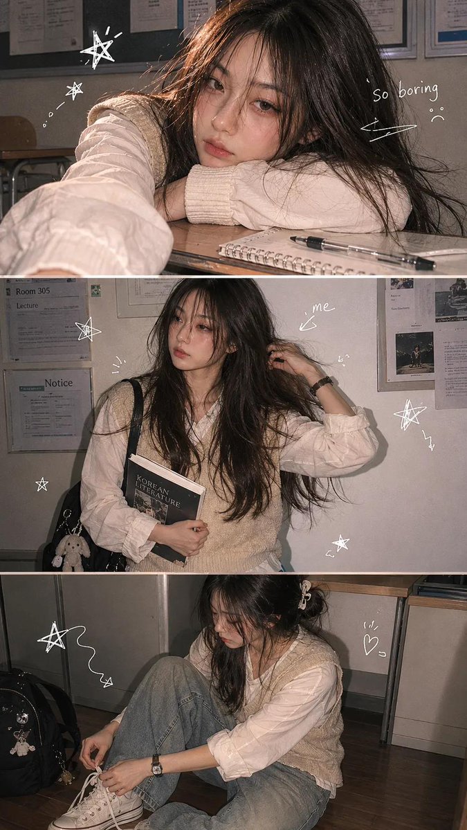 一张竖版三宫格的大学照片条。主角是一位长发女孩,穿着米色针织背心。第一格(顶部):特写,她把下巴搁在课桌上,看起来很无聊。第二格(中间):她靠着一面白色的教室墙站着,手里拿着一本书,略带运动模...