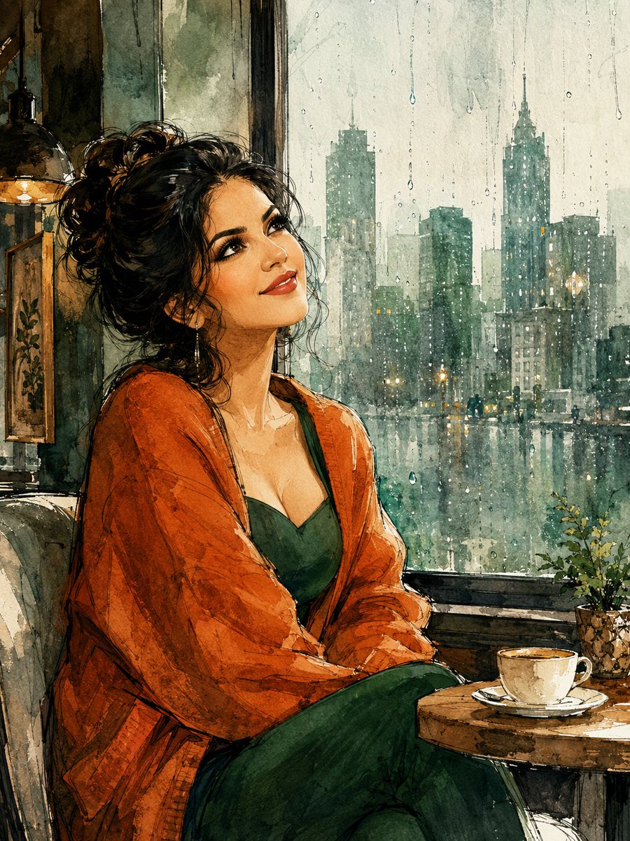 精美水彩插画：一位年轻女性坐在温馨的咖啡馆里，身旁是一扇覆盖着雨水的巨大窗户，她抬头仰望，神情梦幻而充满希望。深色头发优雅地盘成松散随意的发髻，几缕柔软的发丝垂落在脸颊两侧，淡妆，温暖的笑容，...