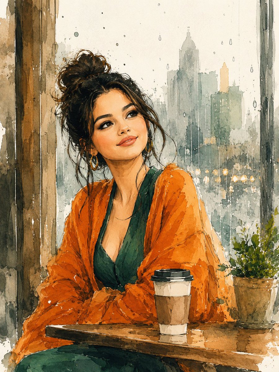 精美水彩插画：一位年轻女性坐在温馨的咖啡馆里，身旁是一扇覆盖着雨水的巨大窗户，她抬头仰望，神情梦幻而充满希望。深色头发优雅地盘成松散随意的发髻，几缕柔软的发丝垂落在脸颊两侧，淡妆，温暖的笑容，...