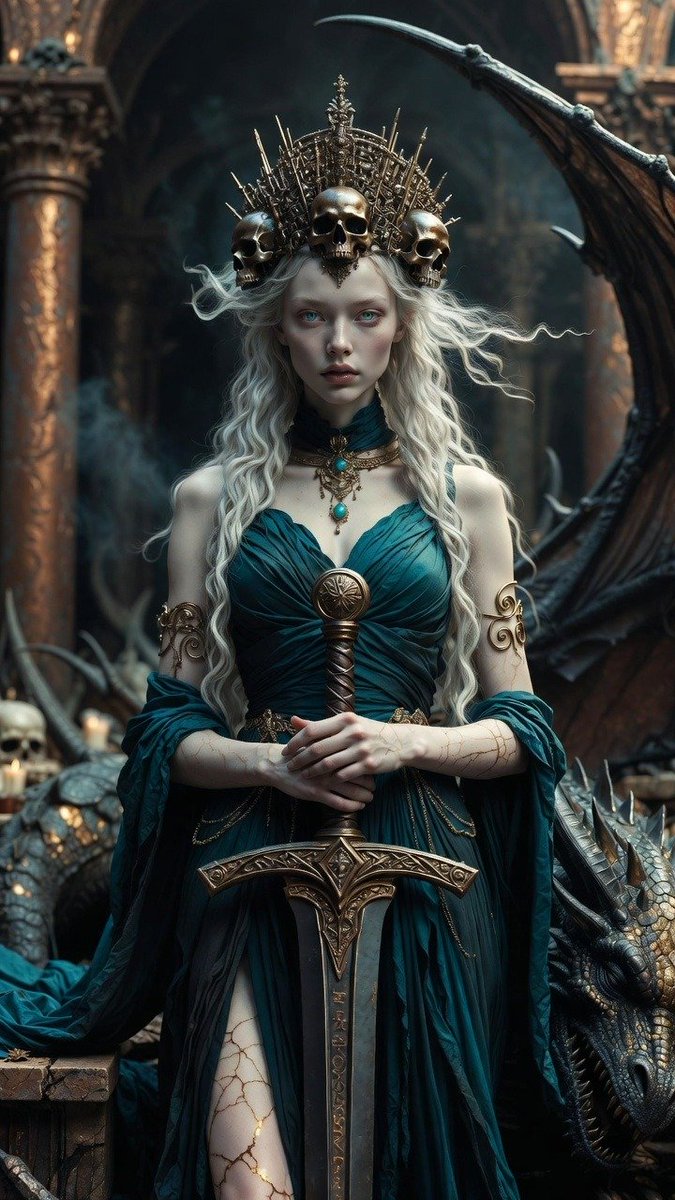 ✨提示词分享✨ 龙后女皇德拉克雅 ✨ 试试下面的提示词，发挥创意做出属于你的独特版本并分享出来吧。❤️🐉 写实风格全身肖像，一位黑暗奇幻女皇站立在一座破败的帝国大教堂中，超精细电影级写实质感，...