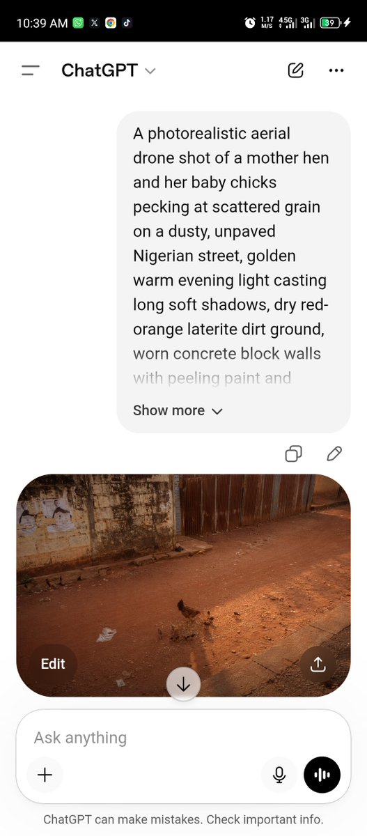 一张照片写实风格的无人机航拍镜头：一只母鸡带着一群小鸡在尘土飞扬、未经铺设的尼日利亚街道上啄食散落的谷粒,金色温暖的傍晚光线投下长长的柔和阴影,干燥的红橙色红土泥地,边缘可见磨损的混凝土砌块墙...