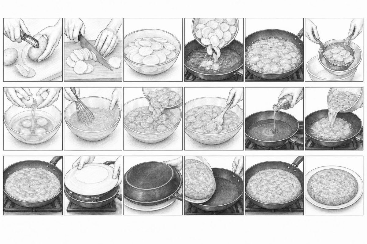西班牙土豆煎蛋饼(tortilla de patatas)烹饪故事板,18格分步食谱插图,逼真石墨铅笔画,单色灰度,专业烹饪故事板。仅展示手部和食材的连续特写场景:削土豆皮,将土豆切成薄圆片,...