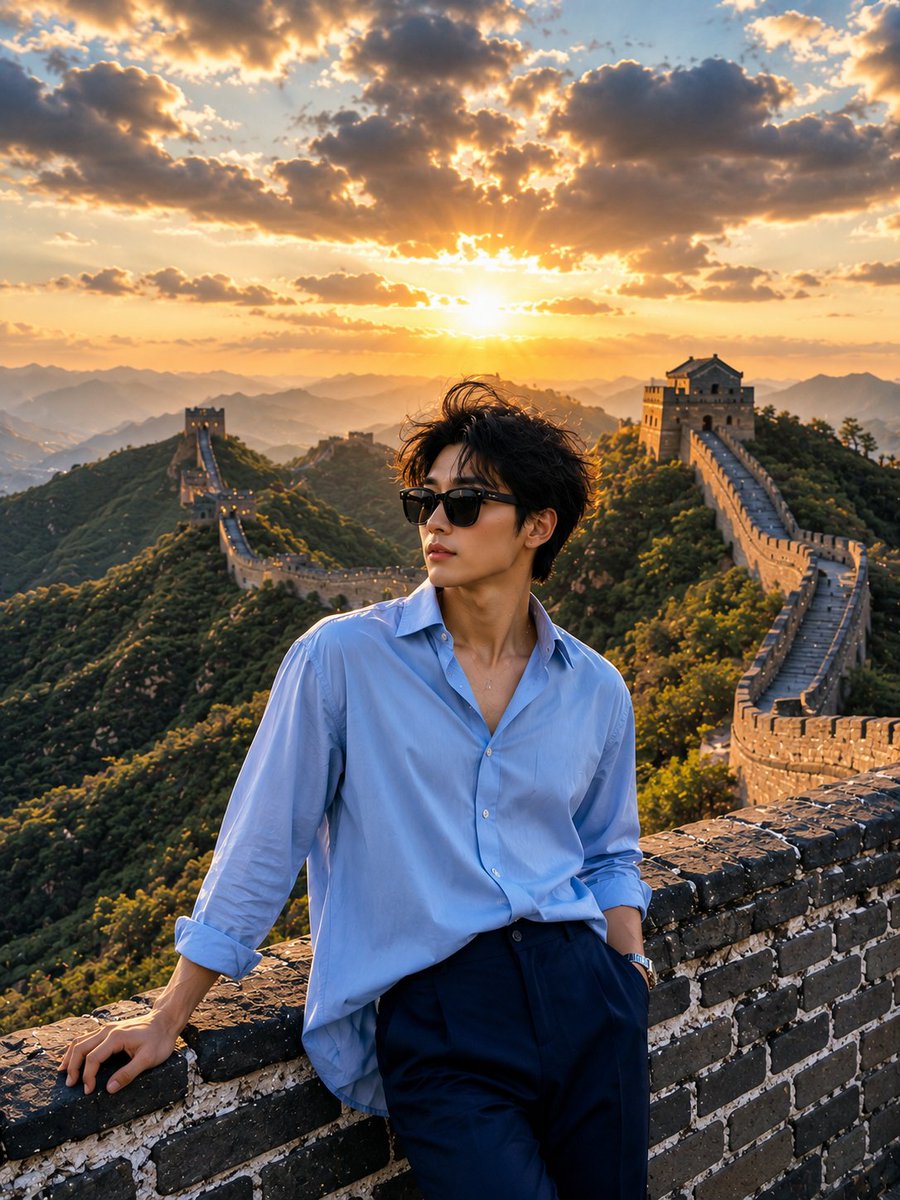 超写实的旅行摄影:一位时尚年轻女性在黄金时刻日落时分站立在中国长城上,随意倚靠在古老的石头女墙上。她戴着超大号黑色墨镜,身穿宽松的浅蓝色纽扣衬衫和优雅的深蓝色长裤。乌黑的长发在风中轻轻飘扬。长...