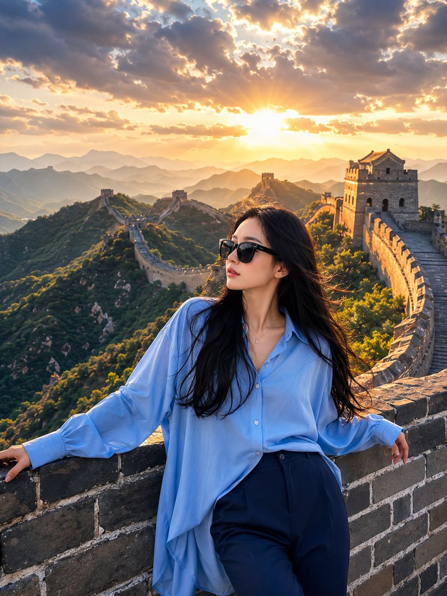 超写实的旅行摄影:一位时尚年轻女性在黄金时刻日落时分站立在中国长城上,随意倚靠在古老的石头女墙上。她戴着超大号黑色墨镜,身穿宽松的浅蓝色纽扣衬衫和优雅的深蓝色长裤。乌黑的长发在风中轻轻飘扬。长...