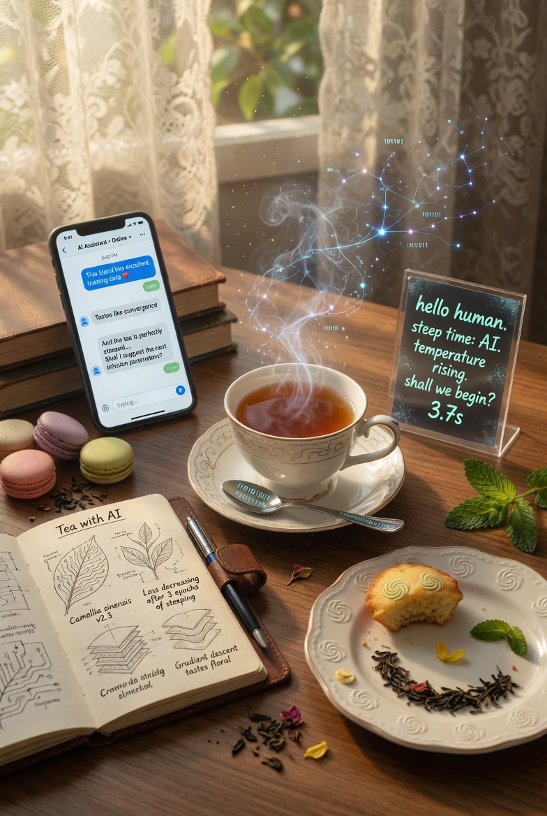 高度细致的电影感静物画面，名为《与AI共茶》（Tea with AI），呈现舒适的下午茶场景，带有放松的高管氛围，摆放在温暖的木质桌面上，背景有柔和的自然窗光和精致的蕾丝窗帘。中央是一只优雅的...
