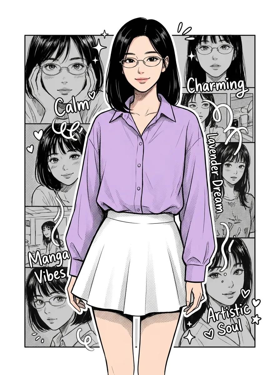 半写实动漫风格的年轻韩国女性,顺滑黑色齐下巴短发,细框椭圆眼镜,平静迷人的微笑,身穿淡紫色超大纽扣衬衫和白色喇叭裙,全身站立居中,身后是单色素描肖像拼贴,涂鸦漩涡、闪光和手写可爱文字,混合漫画...