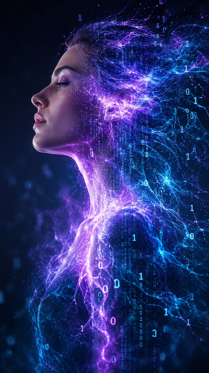 超写实超现实肖像,一位女性正在溶解为发光的能量流与数字代码,优雅的侧脸轮廓,紫色与青色的光芒从她身体中流淌而出,空灵的数据粒子环绕四周,电影级光影,体积光辉,柔和的散景背景,细腻的皮肤质感,富...