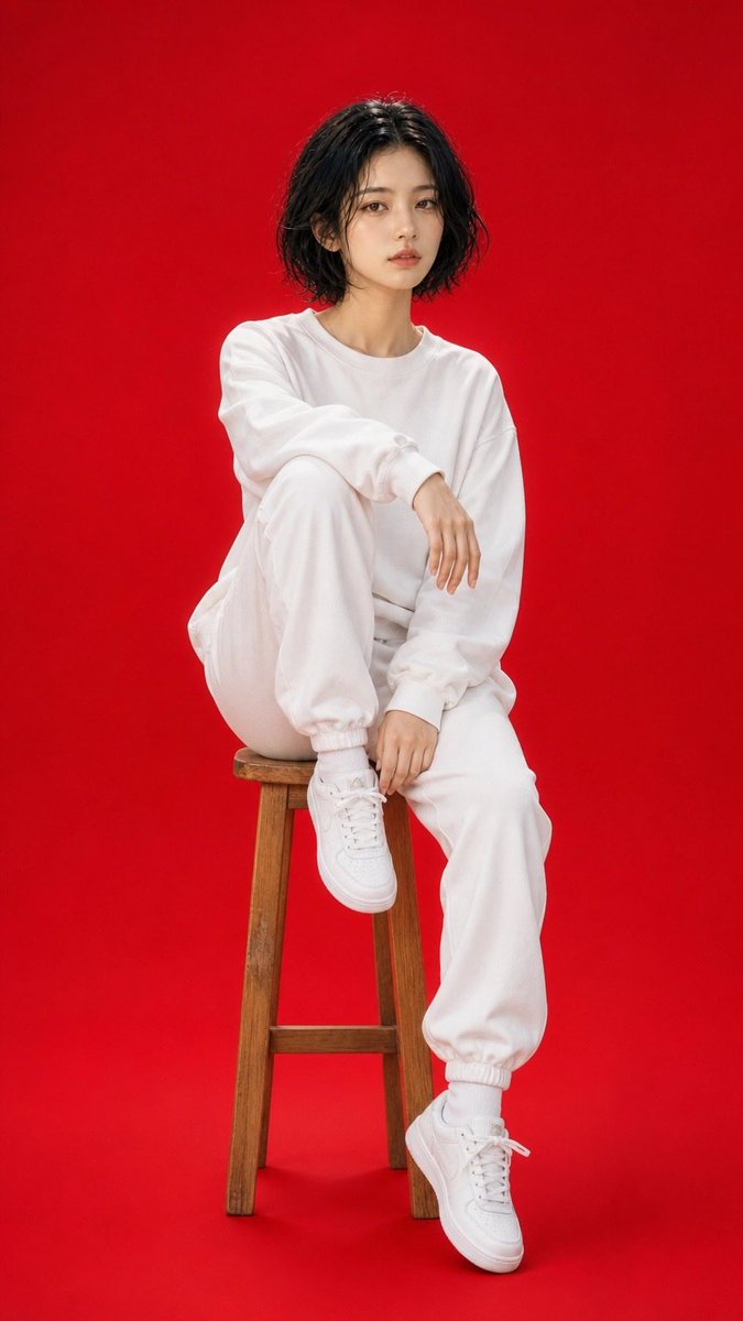 极简高级时装工作室人像：一位年轻女性，留着短款波浪黑色波波头，随意地坐在一把质朴的木凳上，背景是无缝拼接的鲜艳红色。她身穿超大白色卫衣、白色慢跑裤、白色短袜和干净的白色运动鞋。一条腿抬放在凳子...