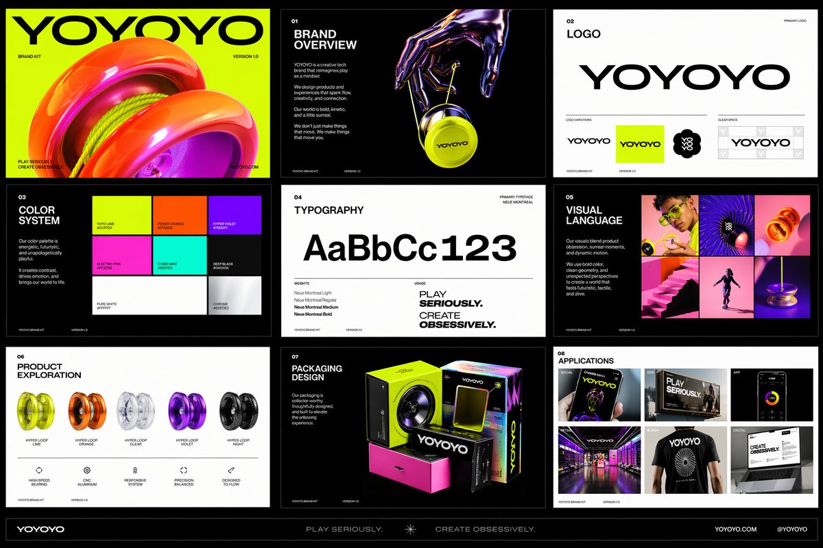 为一个名为 [YOYOYO] 的公司创建一个精致的跨页品牌工具集，通过多张图片呈现。该品牌应感觉好玩、未来感、充满活力且设计前卫，将玩具灵感的消费产品的能量与高端创意科技品牌的精致相结合。打造...
