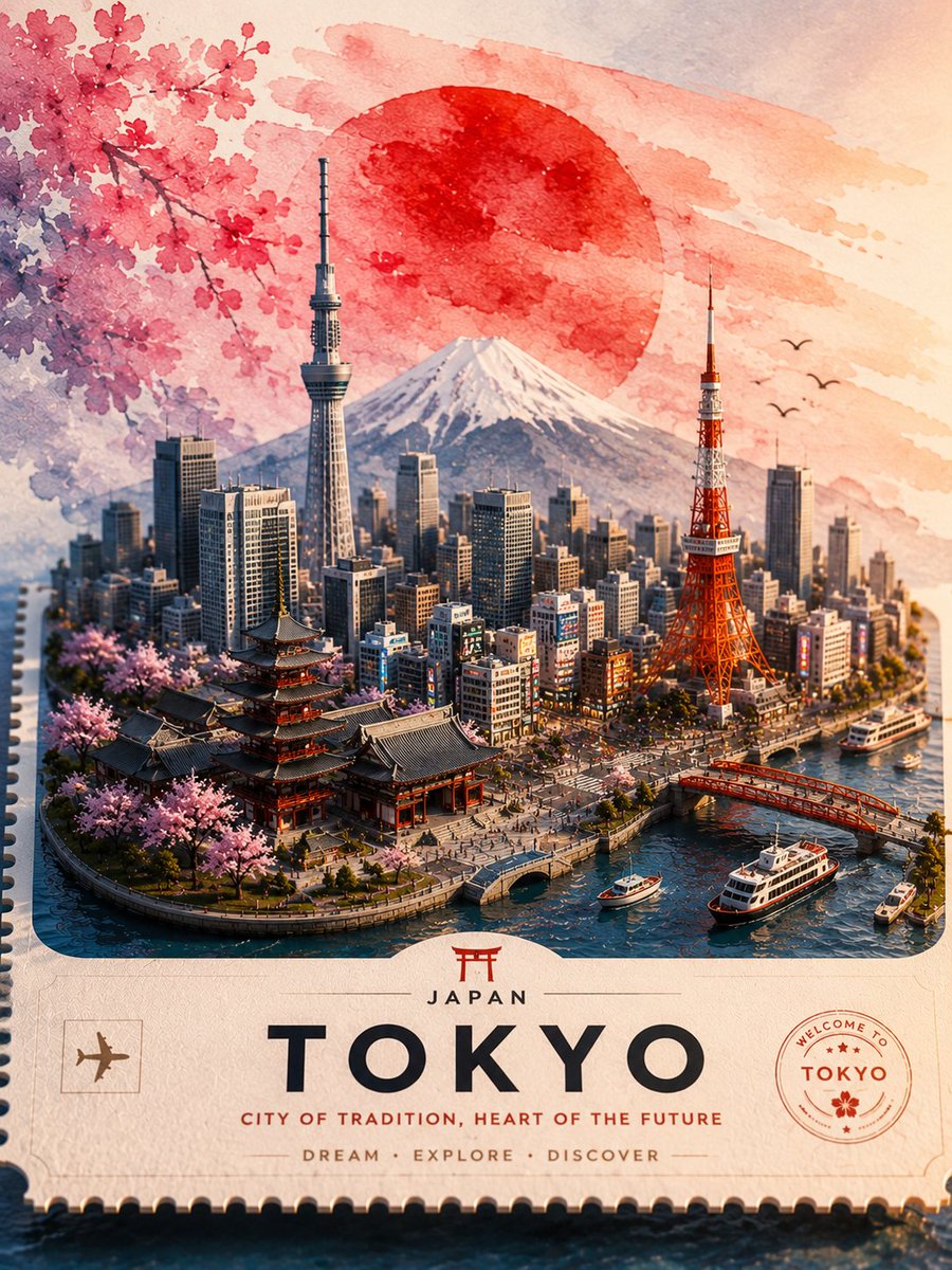日本东京的超精细复古旅行海报插画，设计为高级收藏明信片或邮票艺术品。一幅令人惊叹的微型立体模型风格城市景观，将东京最具标志性的地标和谐地融合在同一个场景中。前景矗立着历史悠久的浅草寺，周围环绕...
