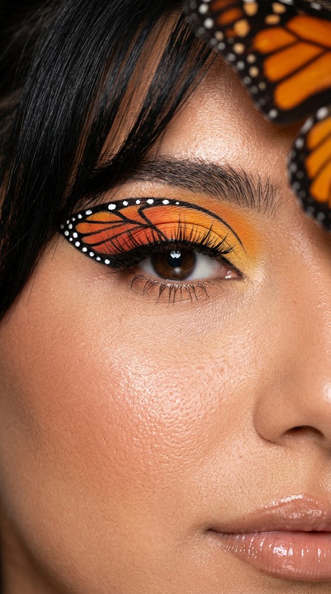extreme close-up on one eye and brow, slight diagonal composition, soft serene gaze, bright oran...