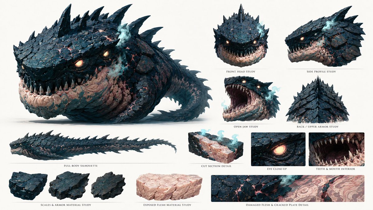 Gpt Image 2 分镜提示词: 创建一张 16:9 的图片。 [项目卡] 创建一个紧凑设计的刊头,不要做成表格。 标题:MONSTER BUTCHER SHOW(怪物屠夫秀) 元信息行:...