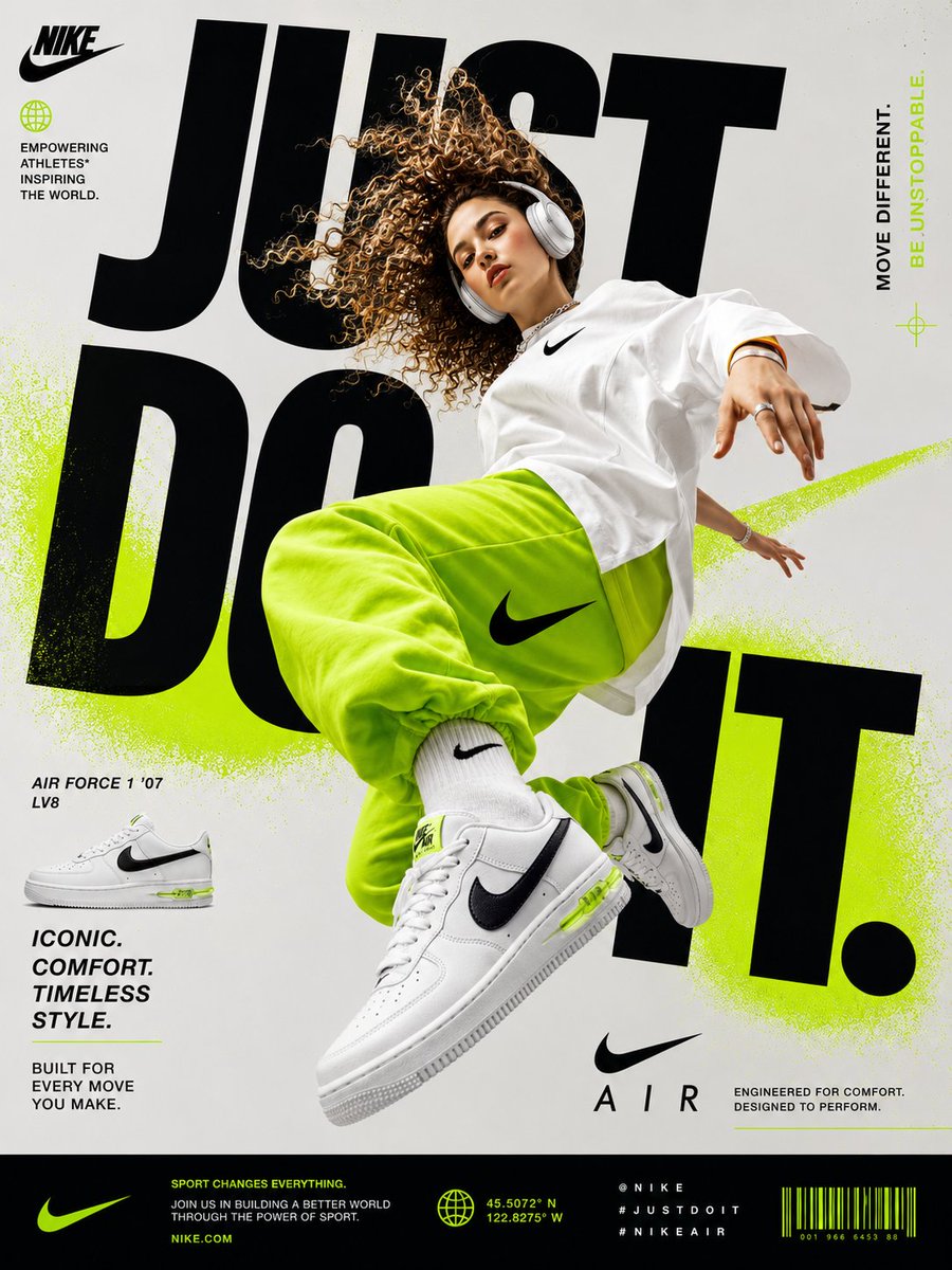 生成一张完美平面设计的耐克(Nike)鞋类广告海报。角色(印度年轻时尚女孩_戴着耳机_卷发)应悬浮于空中(Air),姿势需展现霓虹绿色宽松大码运动裤,带有黑色耐克 logo(对勾)。搭配白色时...