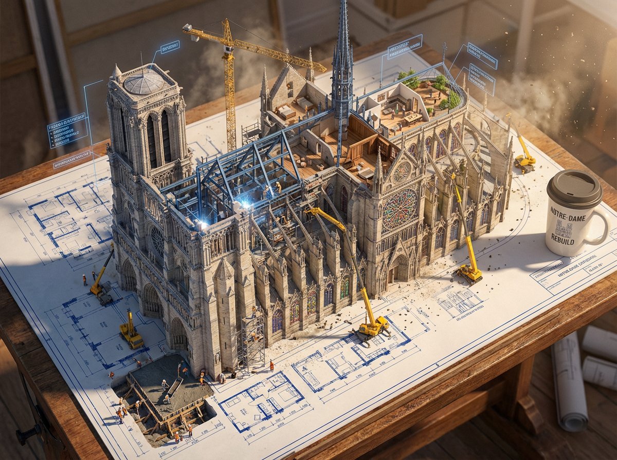 创建一个史诗级的照片写实3D场景:一张巨大的[建筑/结构]建筑蓝图被钉在绘图桌上,而墨线从纸面上浮起,化作真实的建筑工地。蓝色的平面线条在半空中被焊接成钢梁,楼层平面图扩展为带家具的房间,立面...