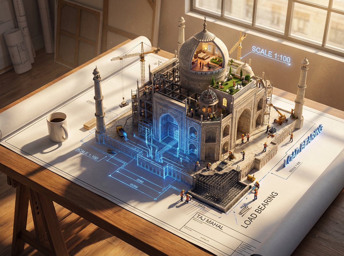 创建一个史诗级的照片写实3D场景:一张巨大的[建筑/结构]建筑蓝图被钉在绘图桌上,而墨线从纸面上浮起,化作真实的建筑工地。蓝色的平面线条在半空中被焊接成钢梁,楼层平面图扩展为带家具的房间,立面...