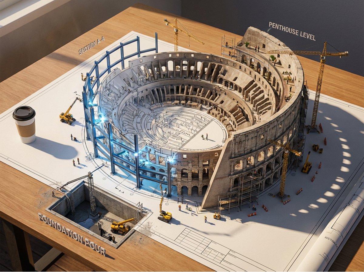 创建一个史诗级的照片写实3D场景:一张巨大的[建筑/结构]建筑蓝图被钉在绘图桌上,而墨线从纸面上浮起,化作真实的建筑工地。蓝色的平面线条在半空中被焊接成钢梁,楼层平面图扩展为带家具的房间,立面...