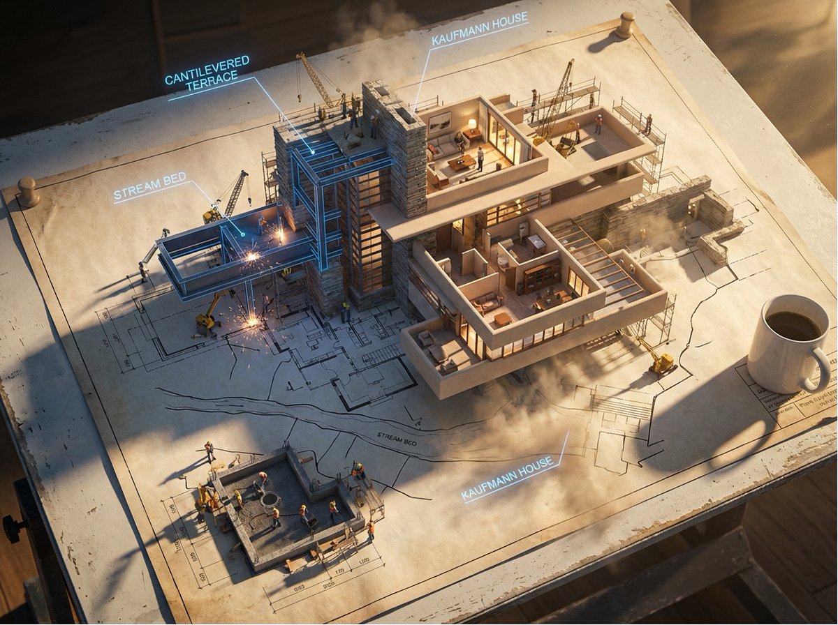创建一个史诗级的照片写实3D场景:一张巨大的[建筑/结构]建筑蓝图被钉在绘图桌上,而墨线从纸面上浮起,化作真实的建筑工地。蓝色的平面线条在半空中被焊接成钢梁,楼层平面图扩展为带家具的房间,立面...