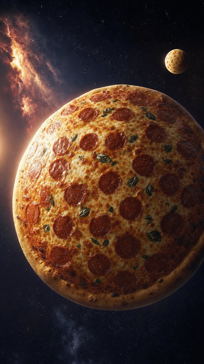 papa john's 绝对不会 GPT Image 2 提示词 ⤵️ 超电影感、超现实的太空摄影：在一个漂浮于太空虚空中的巨型意大利香肠披萨形状的星球，从低轨道视角观看。披萨星球的表面是一个...