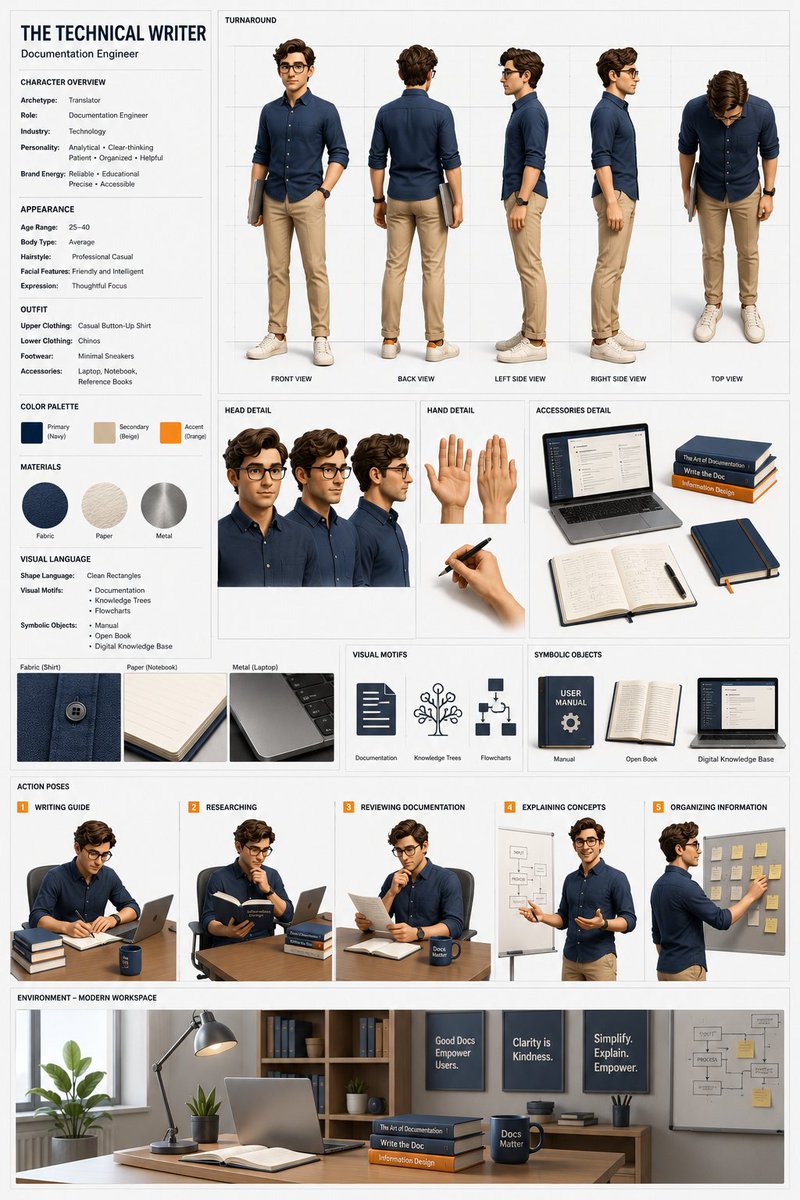 角色设定表细分领域。 提示词（GPT Image 2.0）： [CHARACTER TITLE]（角色标题）：THE TECHNICAL WRI...