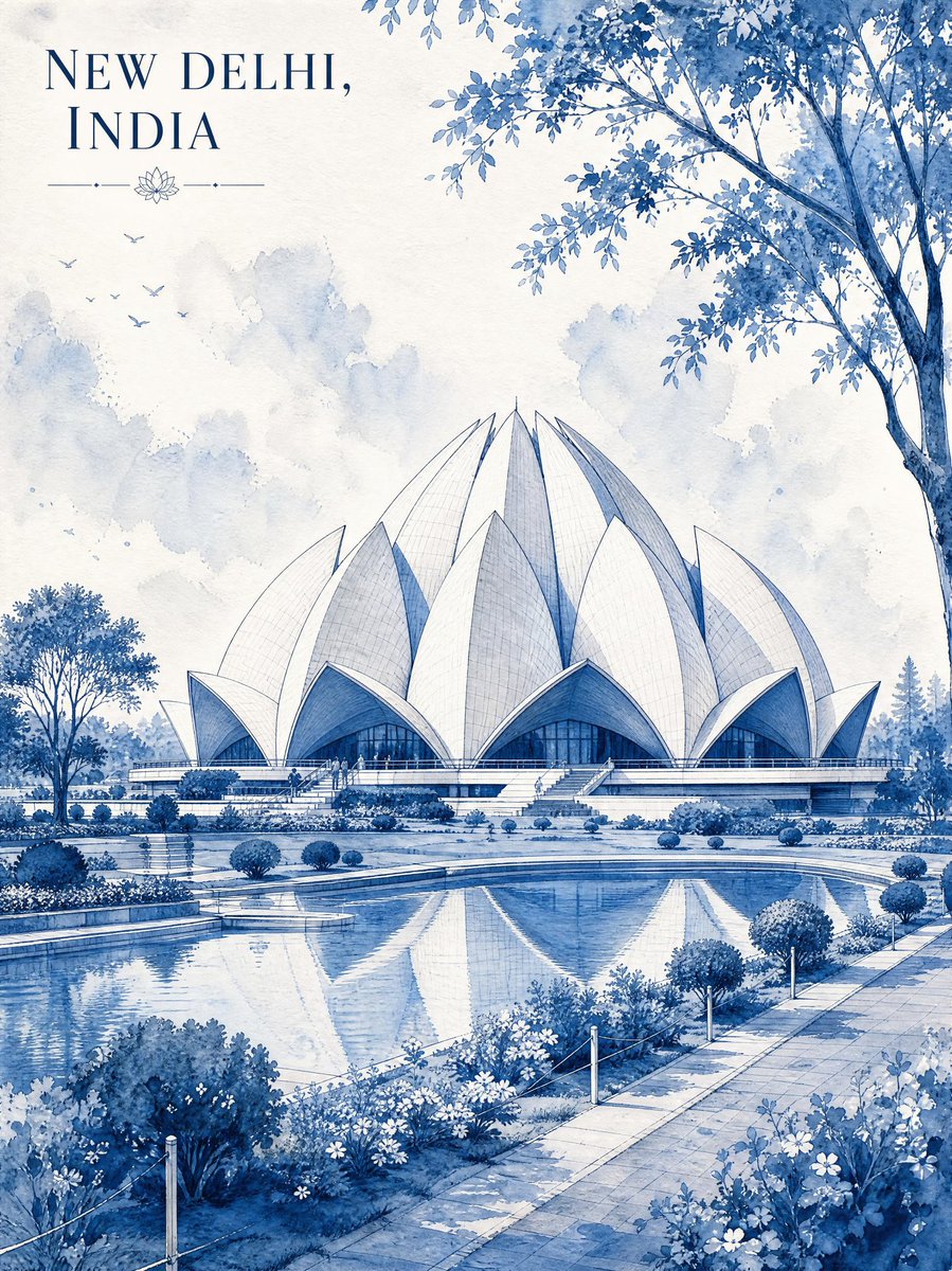 极简复古水彩旅行海报插画，描绘印度新德里莲花庙，整体以优雅的单色蓝水彩与精细钢笔线条绘制。清晨宁静的场景，以标志性的莲花庙为绝对视觉焦点，视角略...