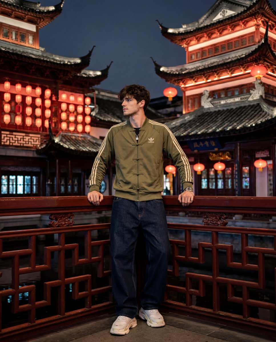 一张超写实的竖版 4:5 比例照片，拍摄于夜晚上海传统中国豫园内的雕花阳台。低位仰拍，主体背后是多层宝塔，屋檐上翘，挂着一排排红色纸灯笼，黑色瓦顶，整体建筑风格呈现温暖的赭红色调。 画面中央是...