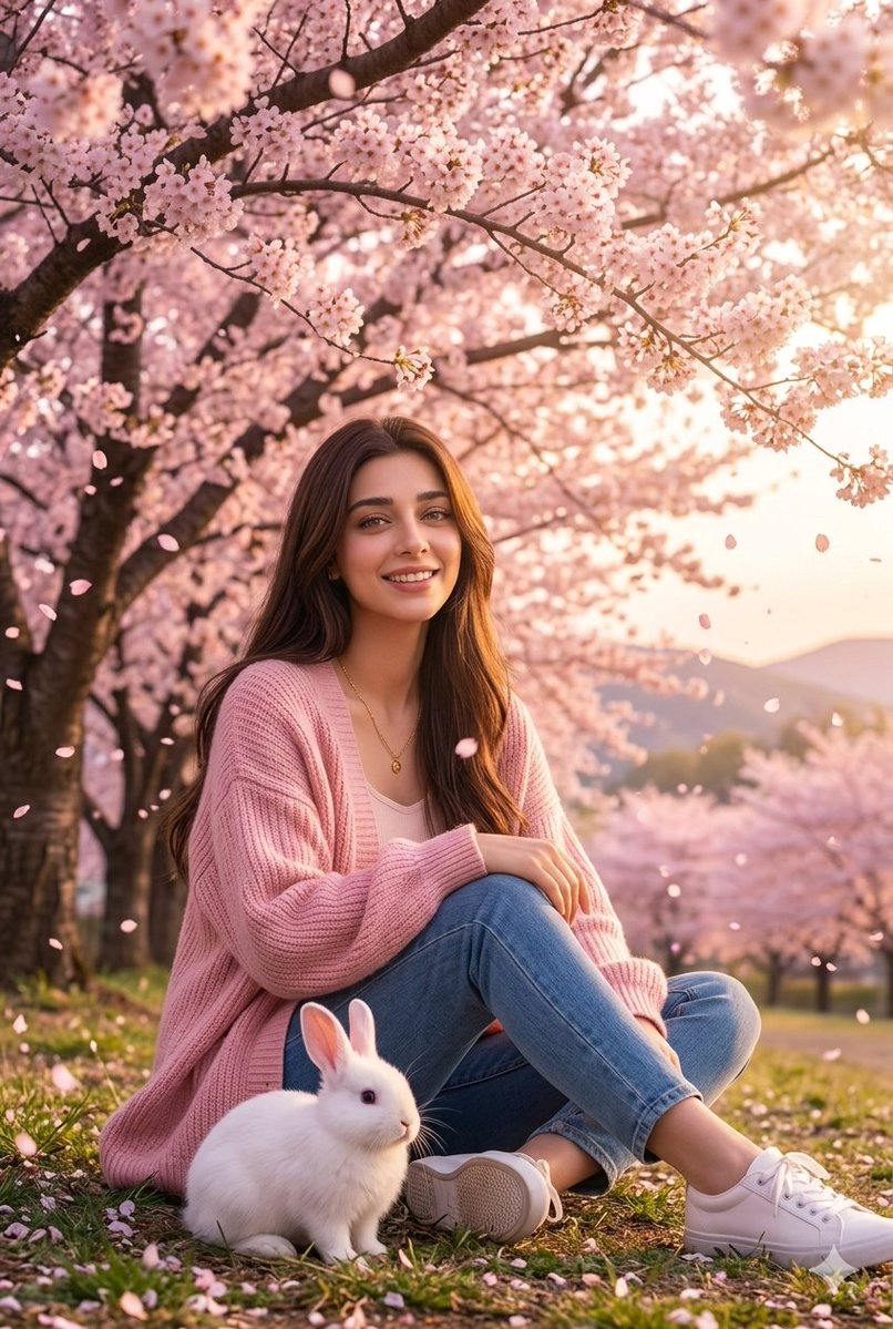 一张超写实的照片：一位美丽的年轻女子坐在日落时分盛开的樱花树下。她身穿柔软的粉色超大号开衫、蓝色牛仔裤和白色鞋子。一只毛茸茸的白色兔子坐在她身旁。粉色的花瓣在空中飘落，金色的阳光透过树枝洒落。...