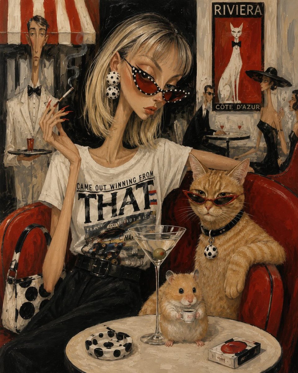 一位时髦的时尚达人和她那只时尚的橙色虎斑猫并肩坐在一家迷人的法国里维埃拉咖啡馆里，两人都戴着优雅的红色猫眼太阳镜。女子有着修长优雅的脖颈、金色波波头发型、夸张的波点耳饰、锋利的红色指甲，手中夹...