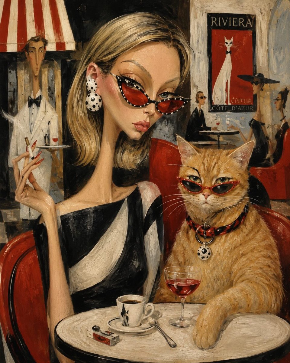 一位时髦的时尚达人和她那只时尚的橙色虎斑猫并肩坐在一家迷人的法国里维埃拉咖啡馆里，两人都戴着优雅的红色猫眼太阳镜。女子有着修长优雅的脖颈、金色波波头发型、夸张的波点耳饰、锋利的红色指甲，手中夹...