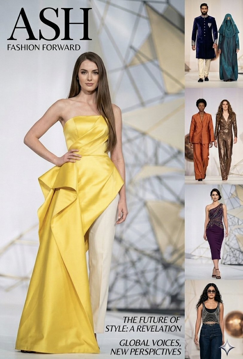 标题为“ASH FASHION FORWARD”的高级时尚杂志封面，采用中央分画布设计，从一侧清晰的秀场照片自然过渡到另一侧细致的艺术时尚插画。...