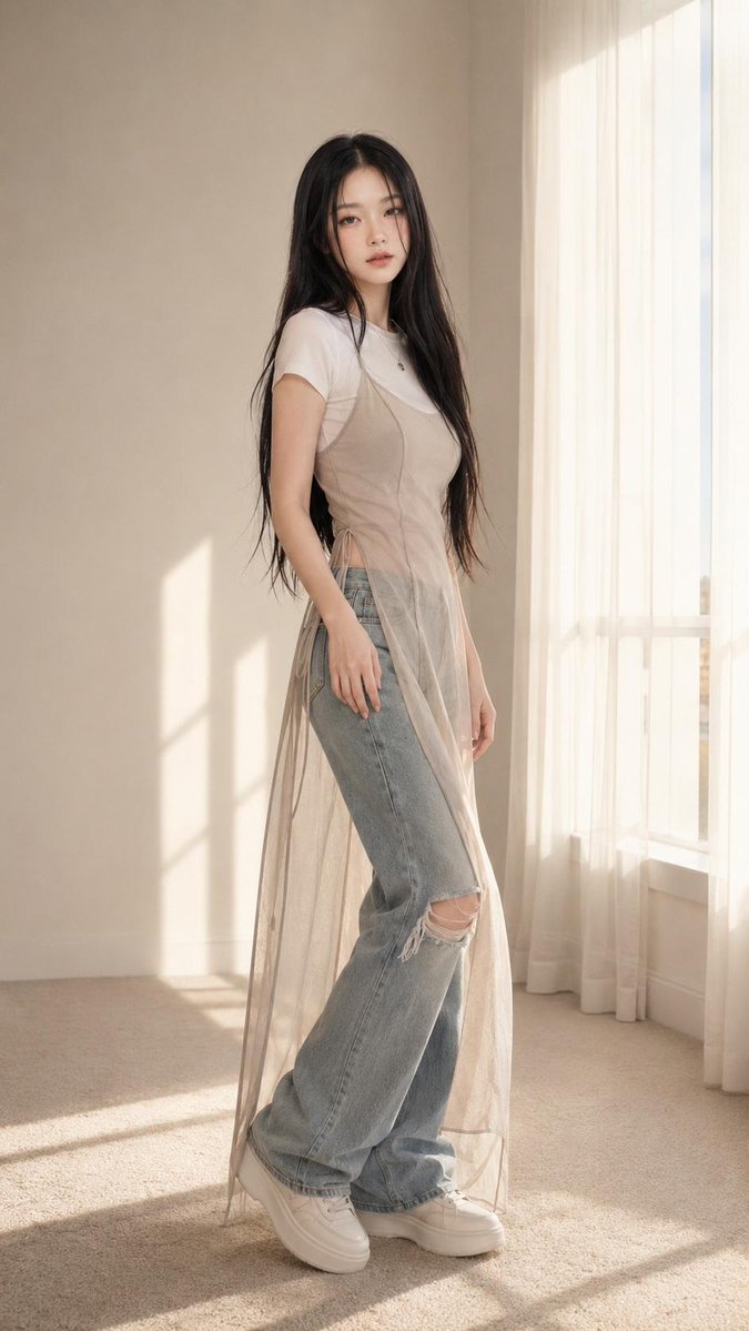 一张精致的照片级写实风格竖版全身时尚人像照,画面中一位成年女性安静地站立在一个极简风格的阳光室内空间里。她留着黑色长直发,柔和的中分发型,白皙的"chok-chok"水光肌,温柔的灰褐色眼睛,...