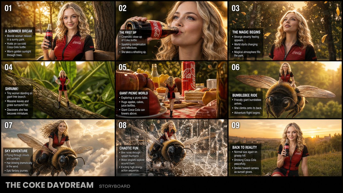 Seedance 提示词 创建一个15秒的电影级奇幻冒险视频。严格按照故事板顺序执行，不得跳过、合并、调整顺序或替换任何分镜。在整个视频中，保持金发女性、红黑制服、可口可乐瓶、公园环境、光照以...