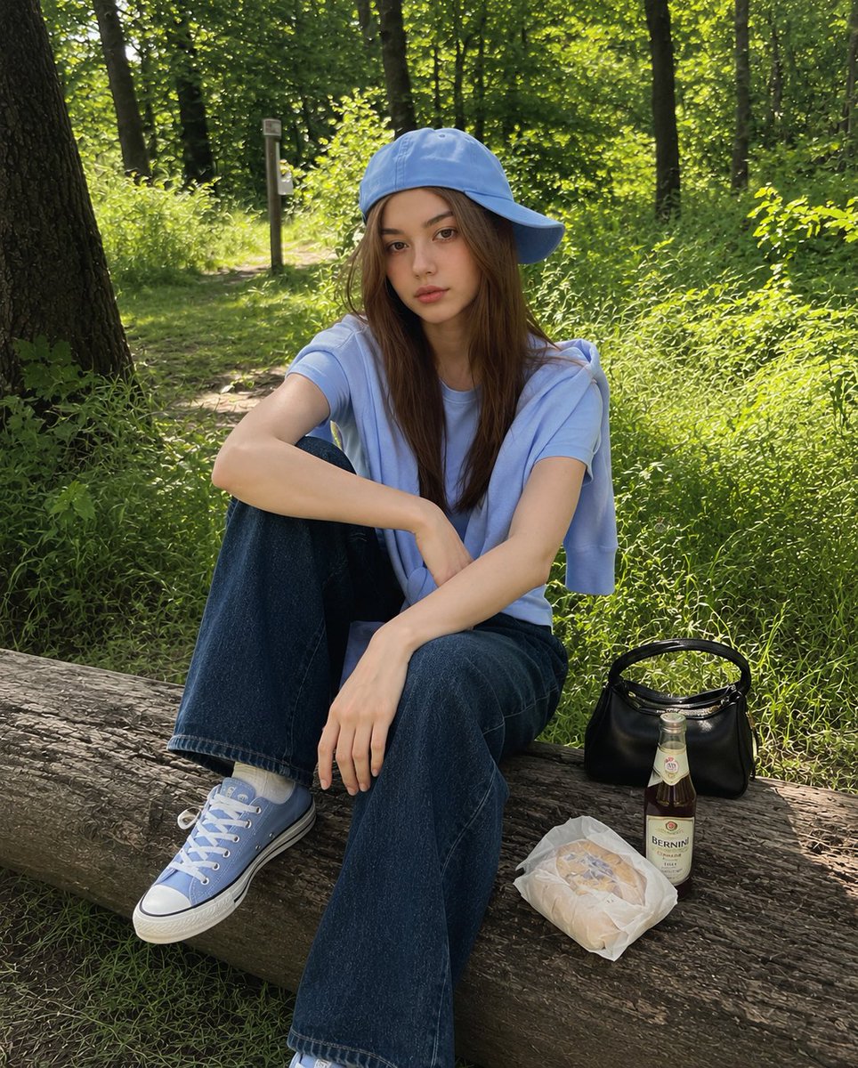 夏日午后阳光明媚的茂密绿林中，一位年轻的韩国女孩随意坐在一根质朴的木头上拍摄的户外抓拍人像。她头戴一顶歪戴的浅蓝色棒球帽，身穿一件柔和粉蓝色的T恤，肩上搭着一件同色的针织衫，下身搭配深蓝色直筒...