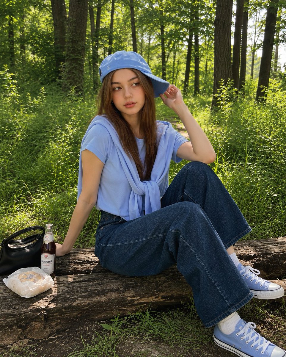 夏日午后阳光明媚的茂密绿林中，一位年轻的韩国女孩随意坐在一根质朴的木头上拍摄的户外抓拍人像。她头戴一顶歪戴的浅蓝色棒球帽，身穿一件柔和粉蓝色的T恤，肩上搭着一件同色的针织衫，下身搭配深蓝色直筒...