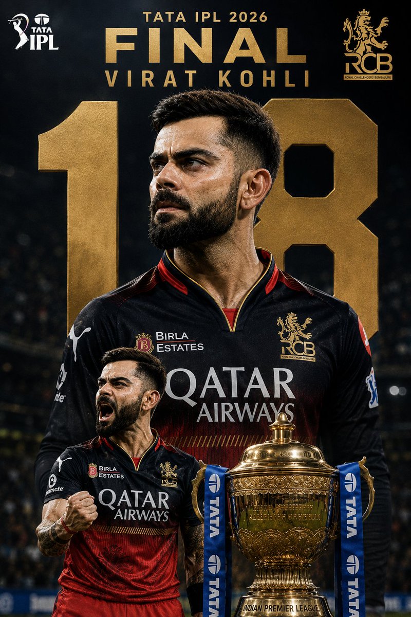 维拉特·科利国王 👑 正在球场上咆哮 为 TATA IPL 2026 决赛打造的 Virat Kohli 超写实电影感运动海报，高端体育广告摄影风格，超精细 8K 真实感。 主体构图：Vira...