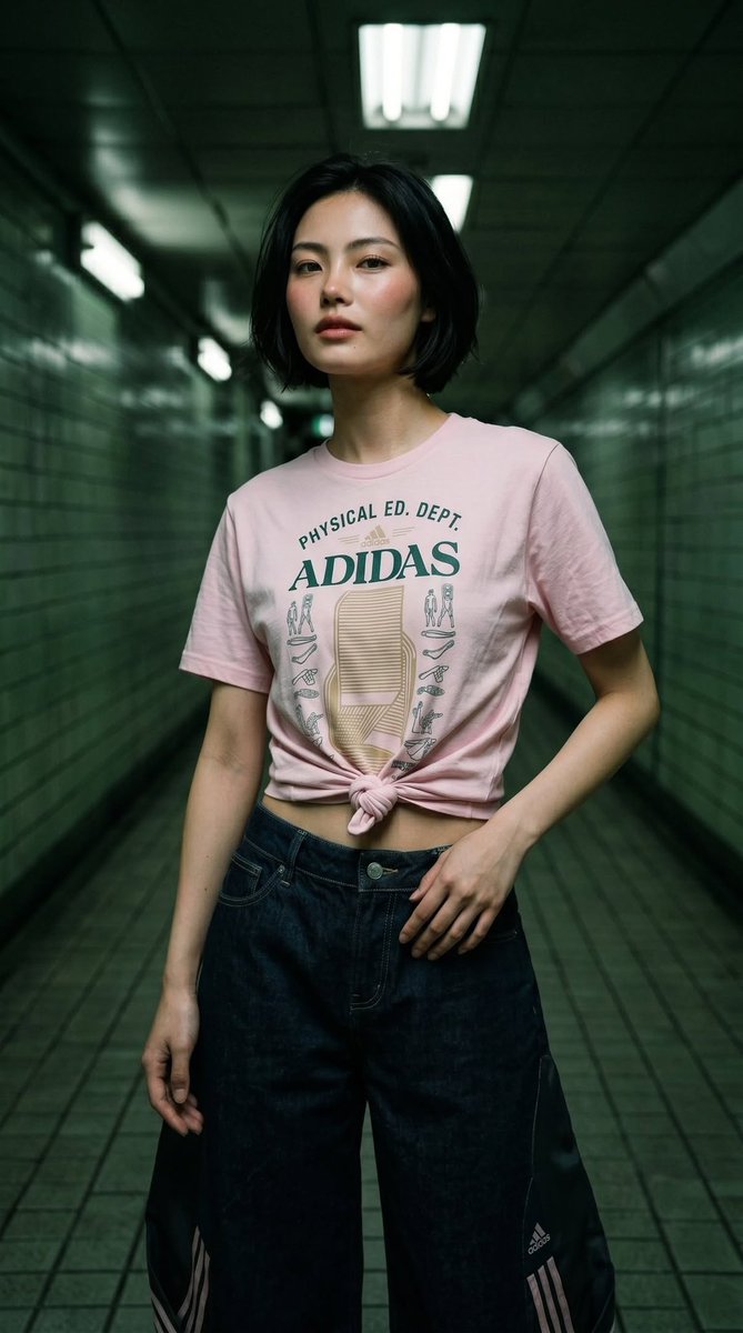 超写实时装编辑部摄影，赛博都市街头服饰宣传大片，拍摄于灯光昏暗、墙面铺有亮面瓷砖并装有电影感荧光顶灯的地下地铁通道中。留着利落黑色波波头、拥有陶瓷般细腻肌肤的年轻东亚女性，化着淡雅自然妆容，表...