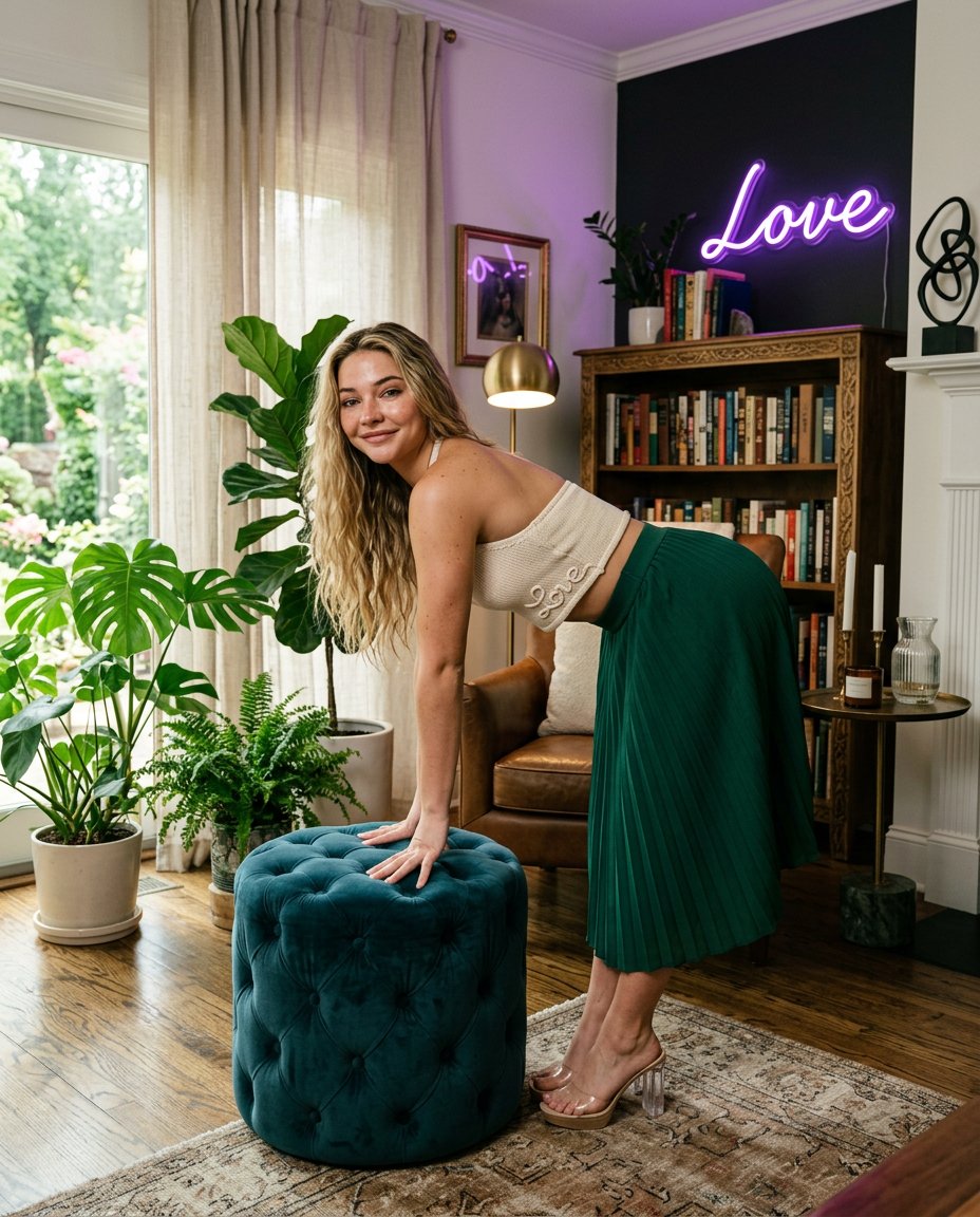 4:5, 一张金发长发悉尼·斯威尼 (Sydney Sweeney) 的4K未经压缩高清照片，在绝对没有背景模糊的超锐利深景深室内场景中拍摄。她身体前倾站立，双手自然搭在一只深青绿色天鹅绒凳子...