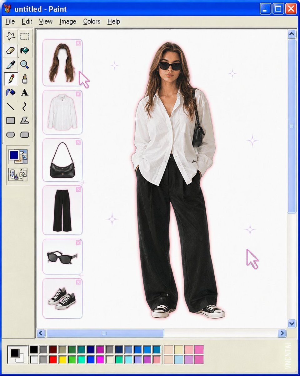 将上传的图片转换为复古 Windows MS Paint 换装界面美学风格。保持主体的全身剪裁居中放置在干净的白色画布上,仿佛置于一个老旧的 W...