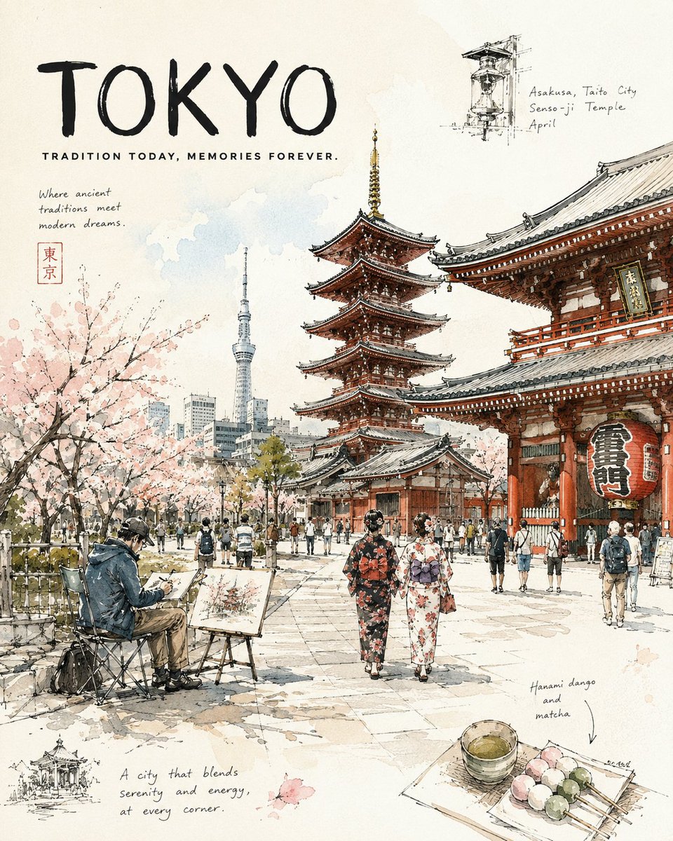 [地标 / 区域]，[城市]，[季节或月份]，[一天中的时段]。 一张高级的城市素描旅行日记海报，捕捉[地区 / 国家]最美文化目的地之一的日常生活。 游客在[当地树木 / 自然元素]下漫步，...