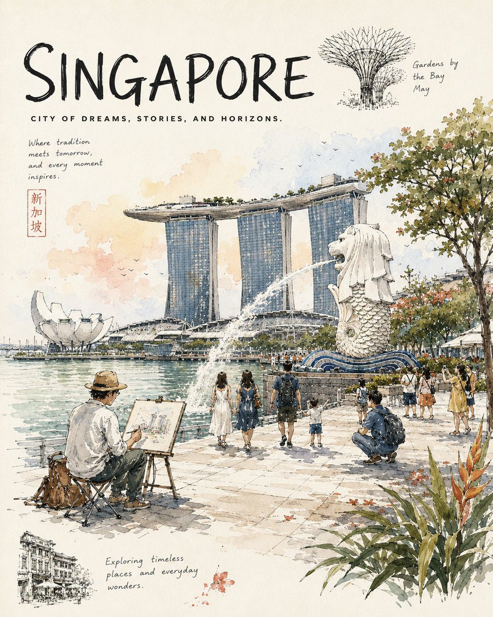 [地标 / 区域]，[城市]，[季节或月份]，[一天中的时段]。 一张高级的城市素描旅行日记海报，捕捉[地区 / 国家]最美文化目的地之一的日常生活。 游客在[当地树木 / 自然元素]下漫步，...