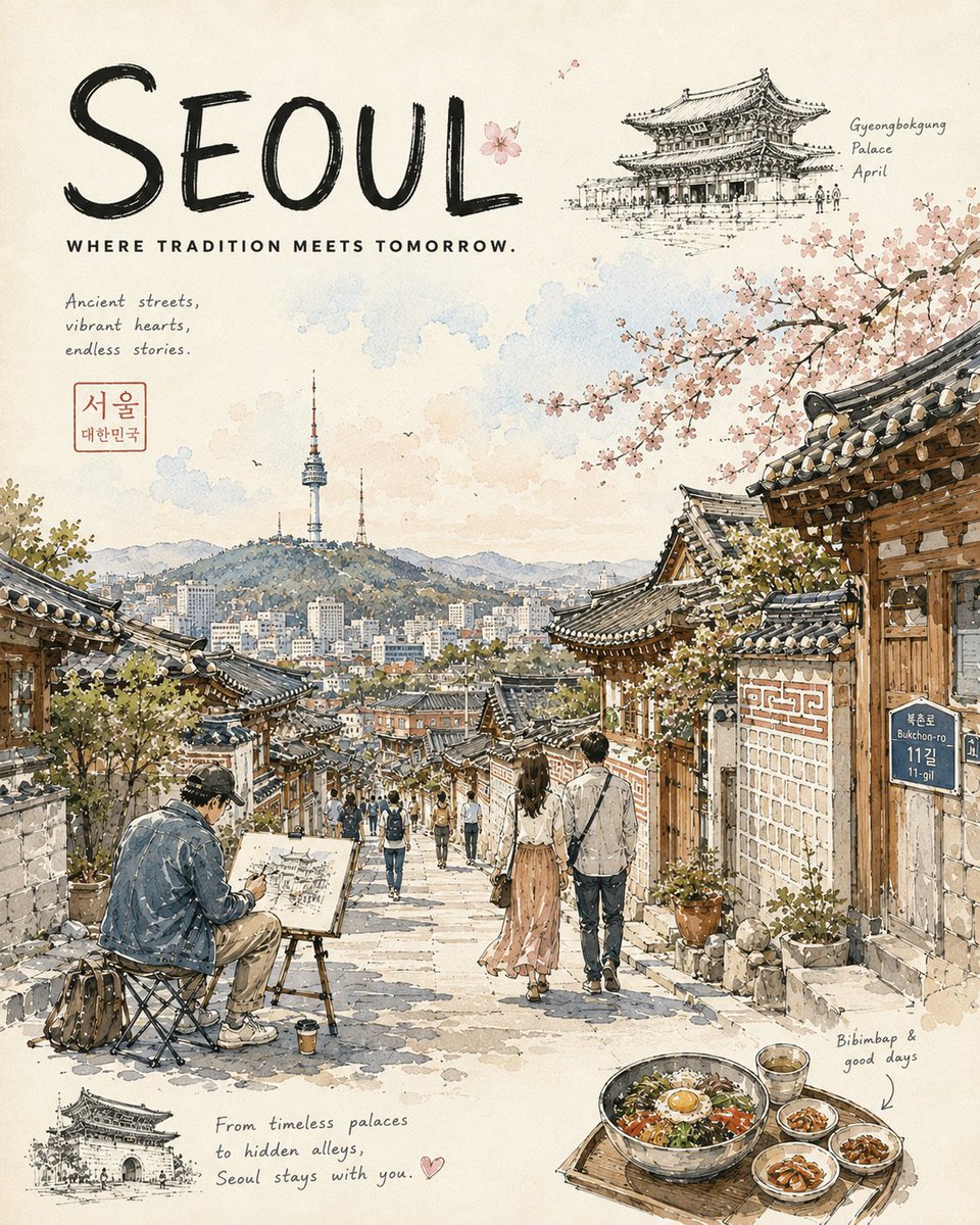 [地标 / 区域]，[城市]，[季节或月份]，[一天中的时段]。 一张高级的城市素描旅行日记海报，捕捉[地区 / 国家]最美文化目的地之一的日常生活。 游客在[当地树木 / 自然元素]下漫步，...